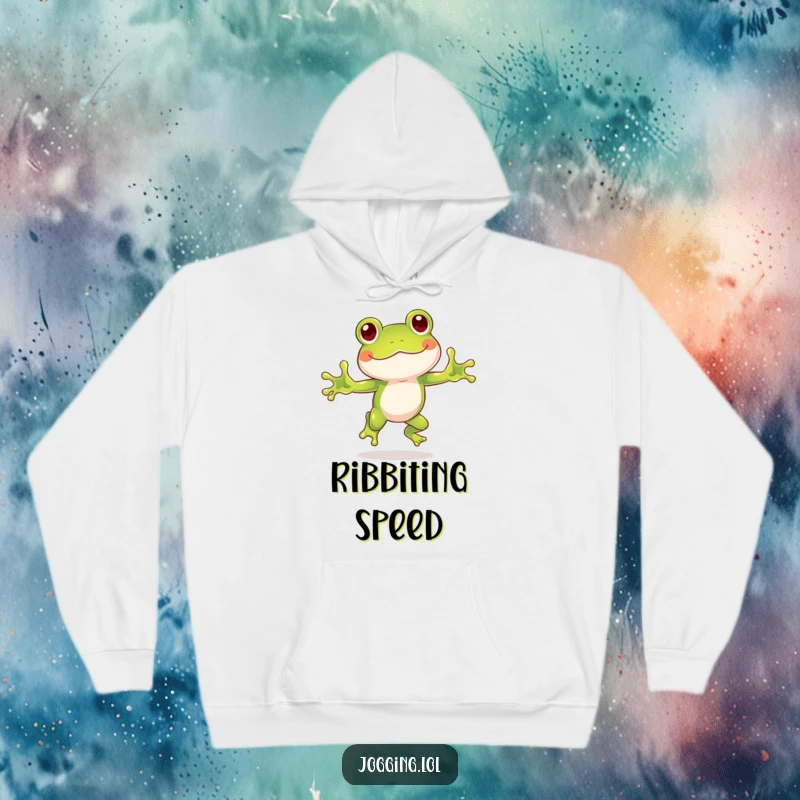 Funny frog hoodie with a playful frog character hopping with humorous enthusiasm, offering warmth and a dose of cheer.