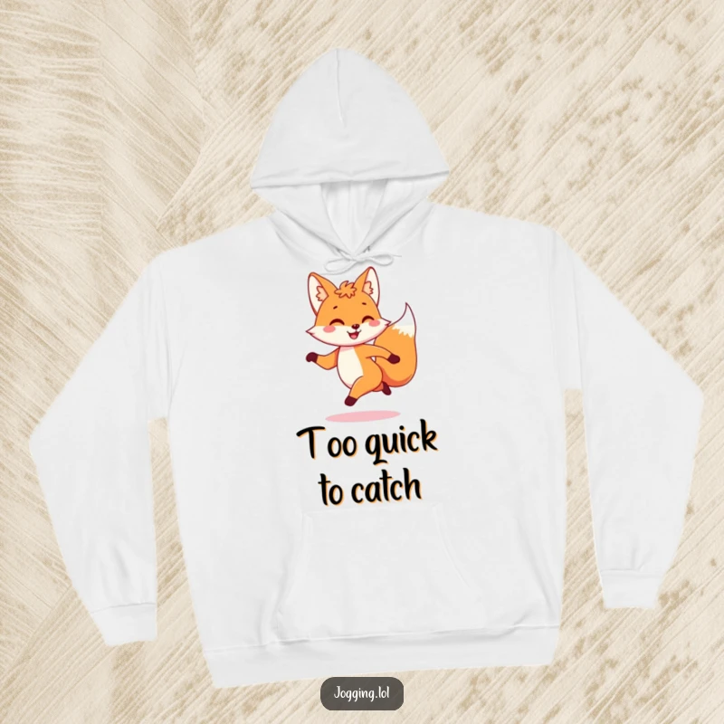 Funny hoodie featuring a playful fox character dashing with a joyful bounce, designed for comfort and lightheartedness.