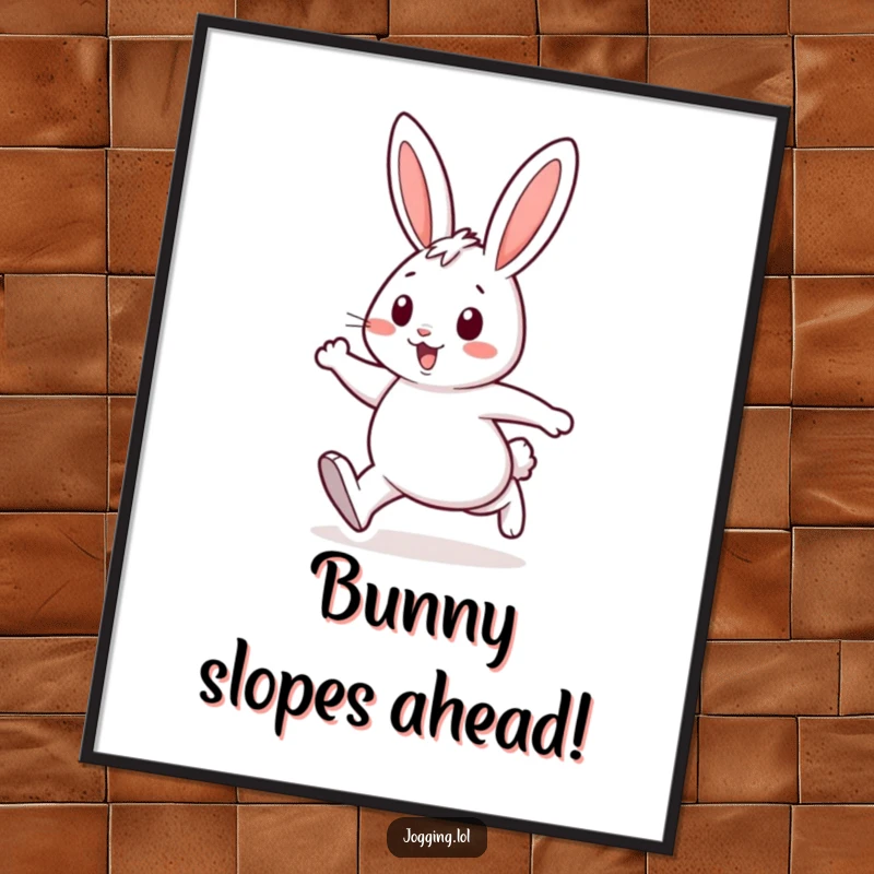 Funny Free Printable Wall Art: Cheerful rabbit character running with energetic strides across a vibrant background.