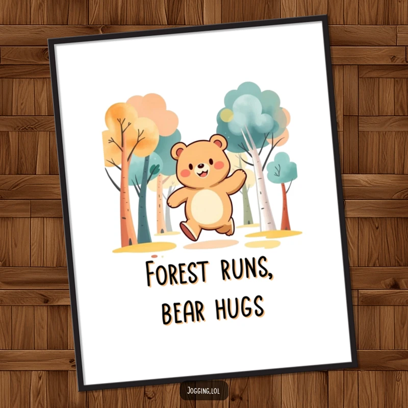 Funny Free Printable Wall Art: Jubilant bear character jogging happily through a whimsical landscape of abstract trees.