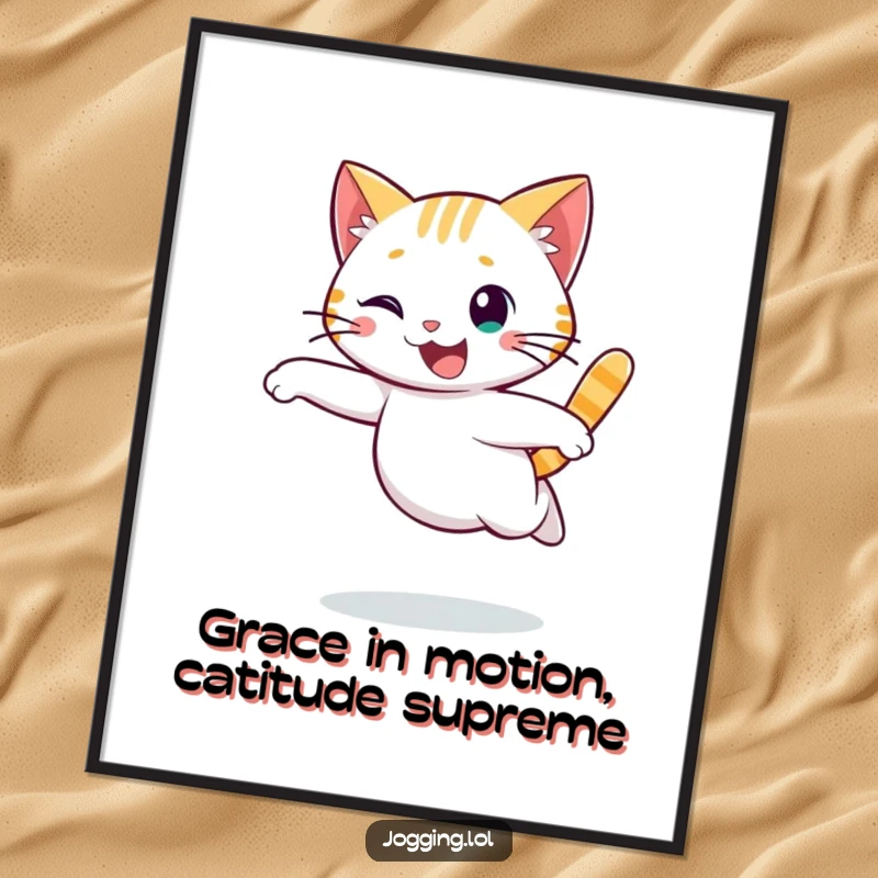 Funny Free Printable Wall Art: A cheerful cat runs with a graceful, flowing motion, adding playful elegance.