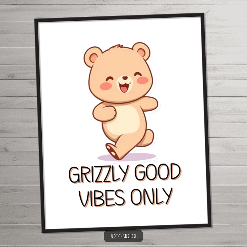 Funny Free Printable Wall Art of a cheerful bear character jogging with tiny, bobbing steps and a wide, happy grin.