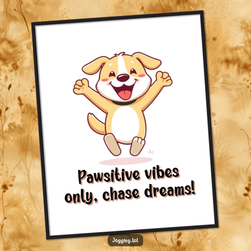 Funny Free Printable Wall Art: A joyful dog character sprints with arms pumping, embodying pure, unadulterated enthusiasm and speed.