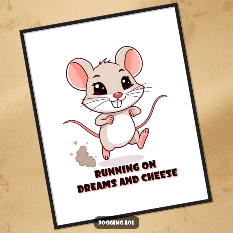 Funny Free Printable Wall Art: Tiny mouse with a determined grin sprints, creating a small dust cloud, full of energy.