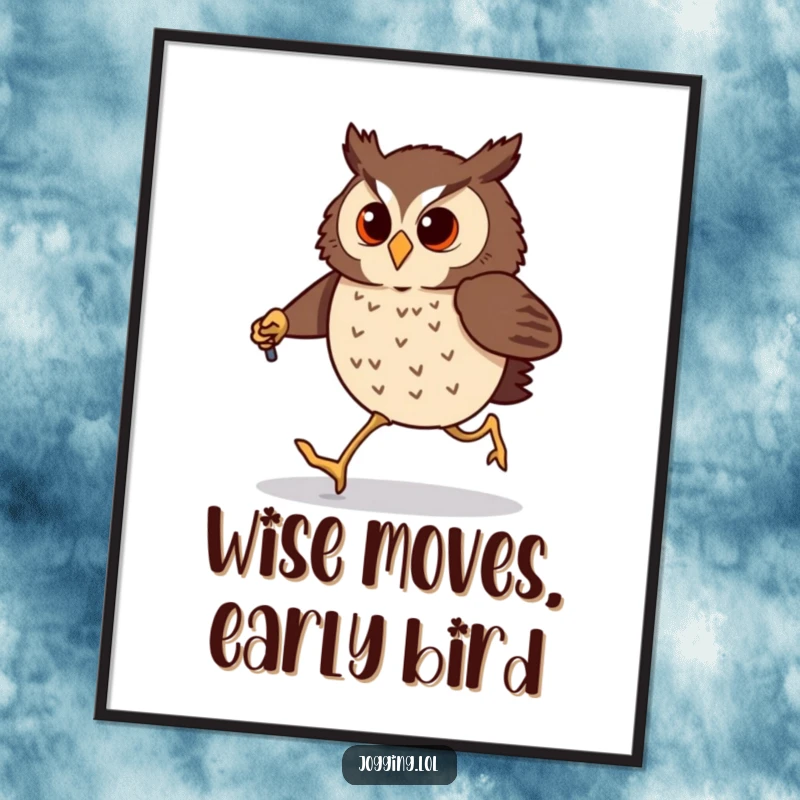 Funny Free Printable Wall Art: Determined owl comically jogs with tiny jogging poles, bringing whimsical energy.
