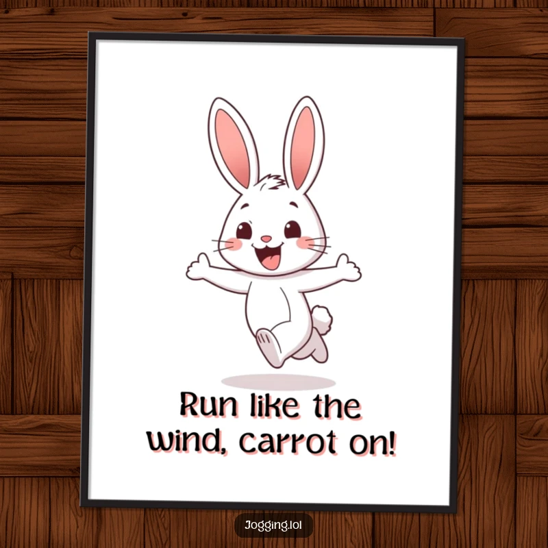 Funny Free Printable Wall Art: A cheerful rabbit character jogs with a wide, excited grin, radiating pure delight and happy energy.