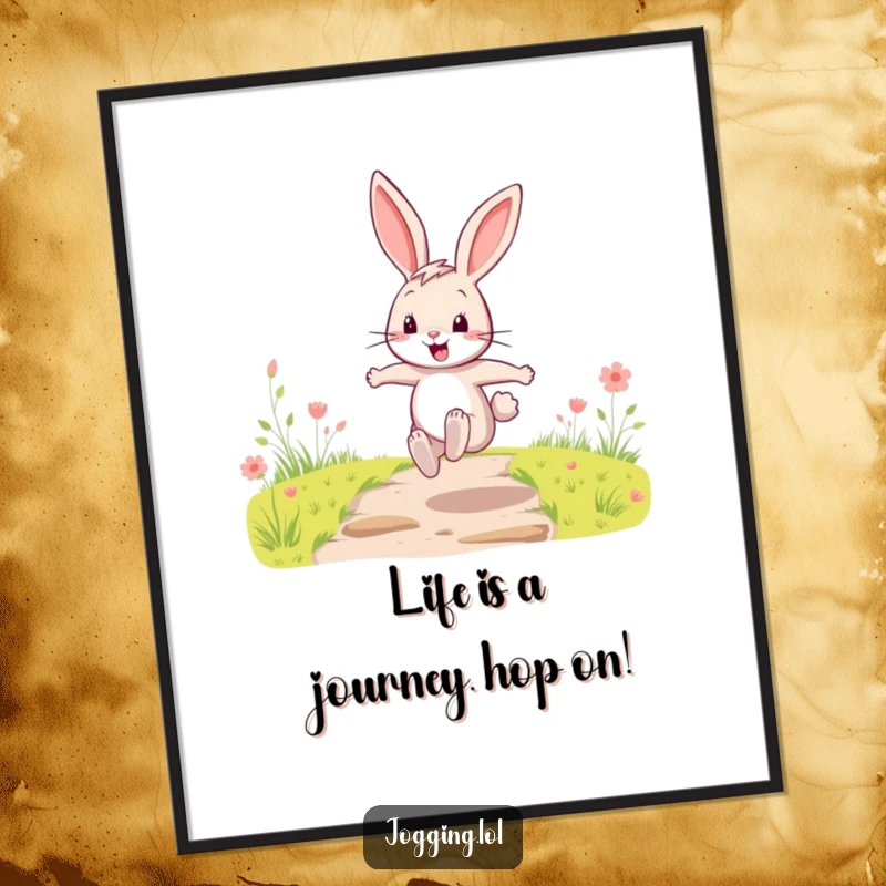 Funny Free Printable Wall Art of a happy cartoon rabbit bounding energetically along a path, infusing the space with joy.