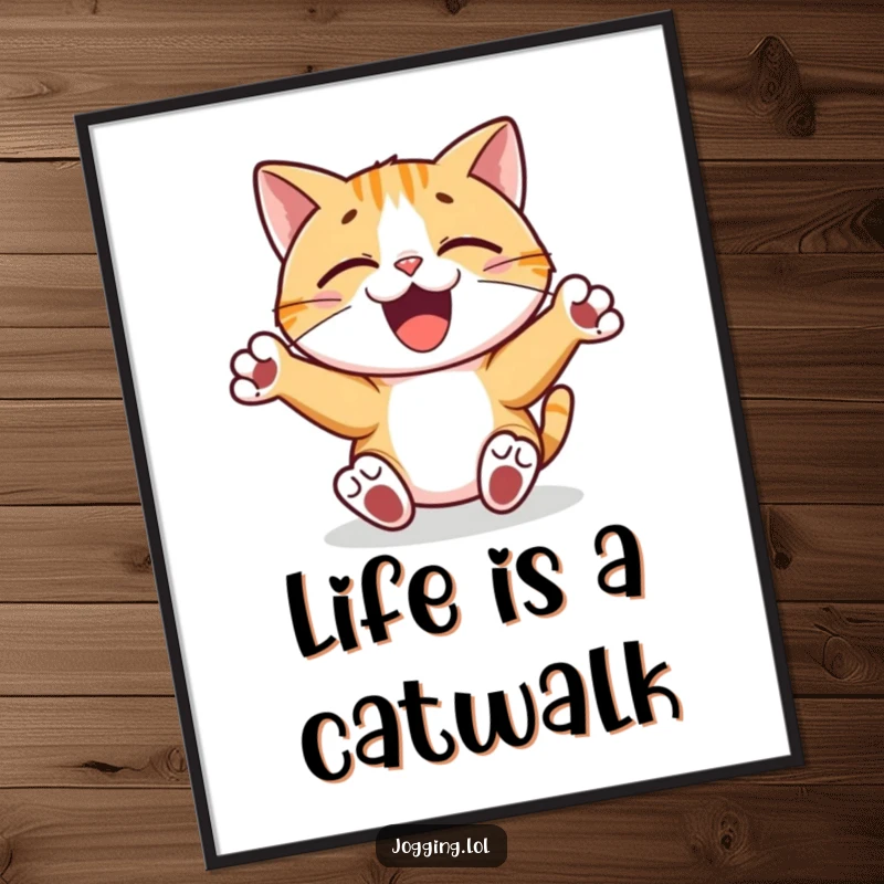 Funny Free Printable Wall Art: Joyful cat character pumping paws rhythmically, captured in a moment of pure dance.