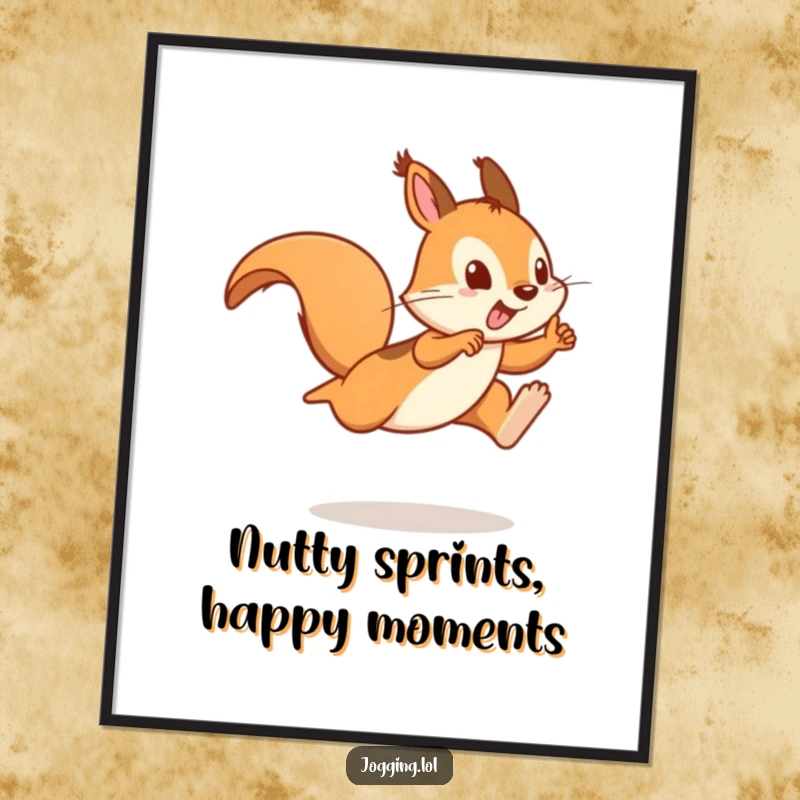 Funny Free Printable Wall Art of a playful squirrel sprinter caught mid-air, perfect for a lively space.