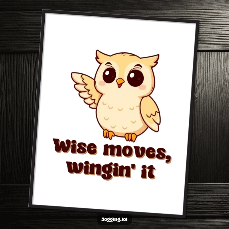 Funny Free Printable Wall Art depicting a delighted owl with wing extended, joyfully jogging, bringing quirky charm.