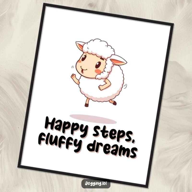 Funny Free Printable Wall Art: Fluffy sheep comically jogs with a determined, happy expression, radiating joy.