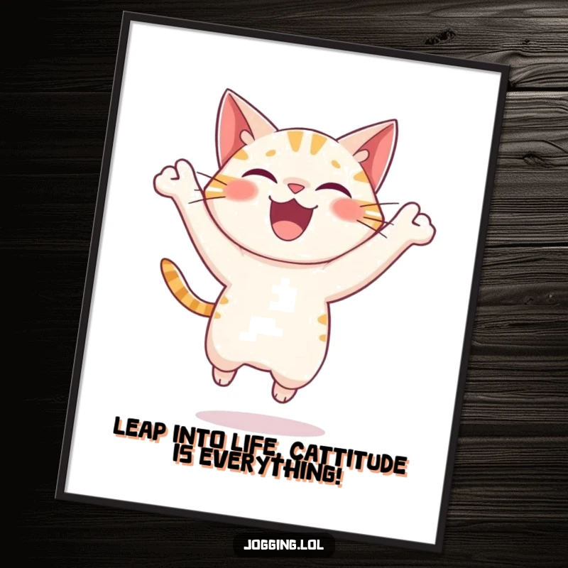 Funny Free Printable Wall Art: A delighted cat character leaps forward with vibrant, joyous energy, capturing a moment of playful freedom.