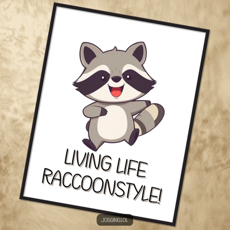 Funny Free Printable wall art: A joyful raccoon moves quickly, legs churning, adding playful energy to decor.