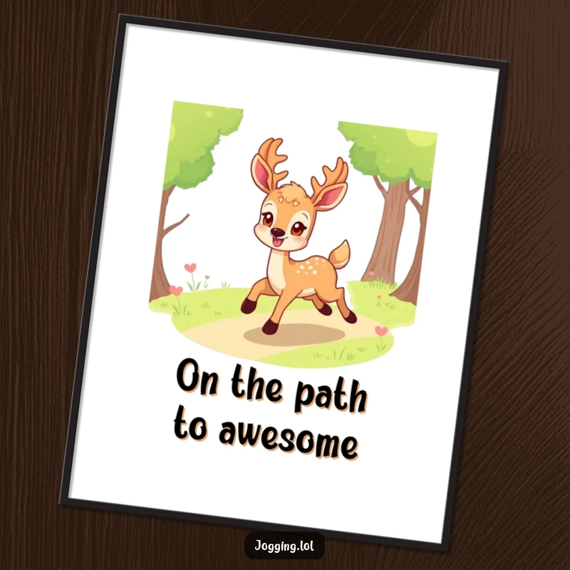 Funny Free Printable Wall Art: A smiling deer eagerly bounding along a path, radiating positive energy.