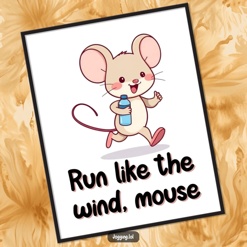 Funny Free Printable Wall Art of a cheerful mouse character jogging with a tiny water bottle, radiating energy and joy.