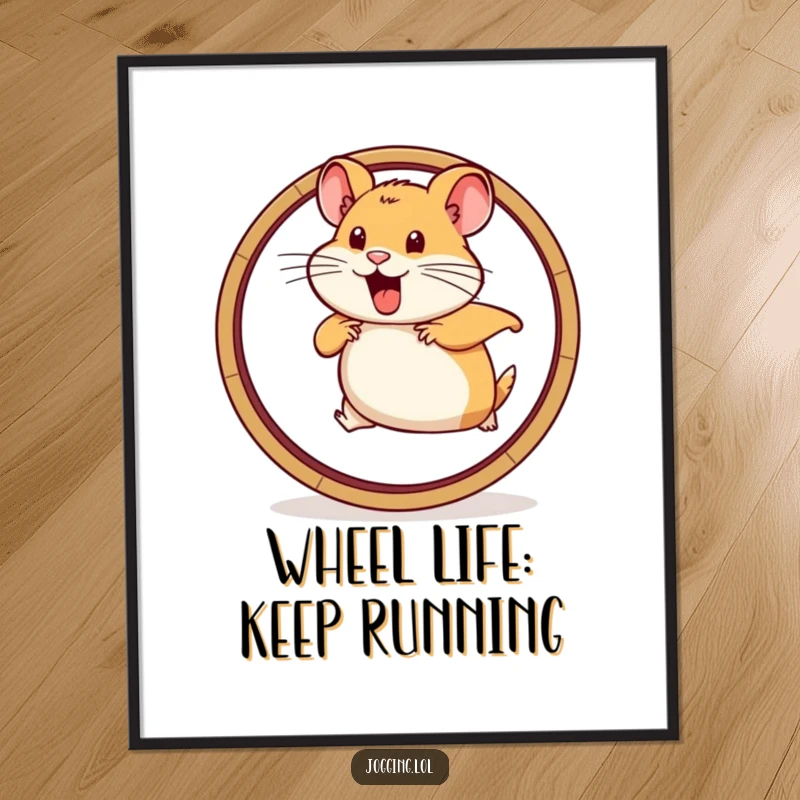 Funny Free Printable Wall Art: Determined hamster character running vigorously on a hamster wheel graphic, full of motion.