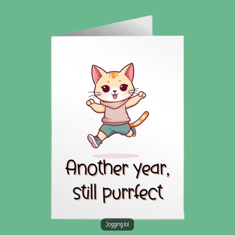 Free Printable Birthday Card: Athletic Cat Jumping Fun Downloadable Gift