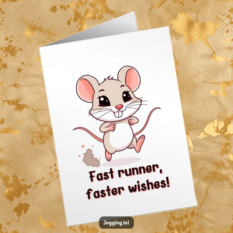 Funny Free Printable Birthday Card: Tiny mouse sprint-grinning, kicking up dust, ready for a speedy celebration.