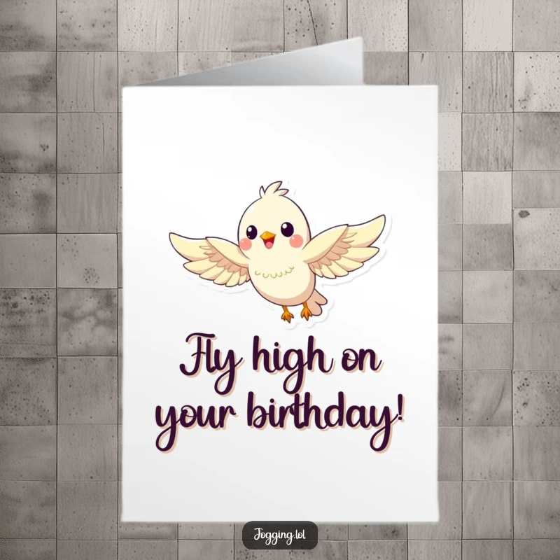 Funny Free Printable Birthday Card featuring a happy bird soaring gracefully with outstretched wings, delivering cheerful birthday messages.