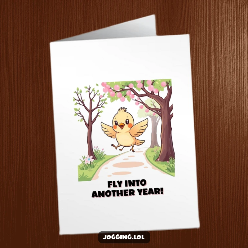 Funny Free Printable Birthday Card showing a curious bird playfully swooping low over a jogging path, spreading birthday wishes.