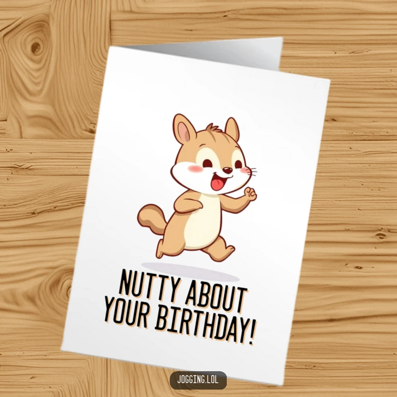 Funny Free Printable Birthday Card featuring a cheerful squirrel pumping its tiny arms vigorously while jogging.