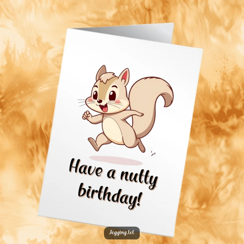 Funny Free Printable Birthday Card: Playful squirrel character bounding with exertion, mid-leap with excitement.