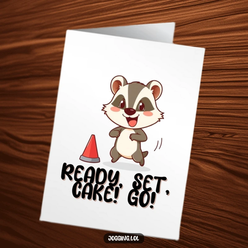 Funny Free Printable Birthday Card featuring a determined badger comically lunging at a race start line with a silly expression.