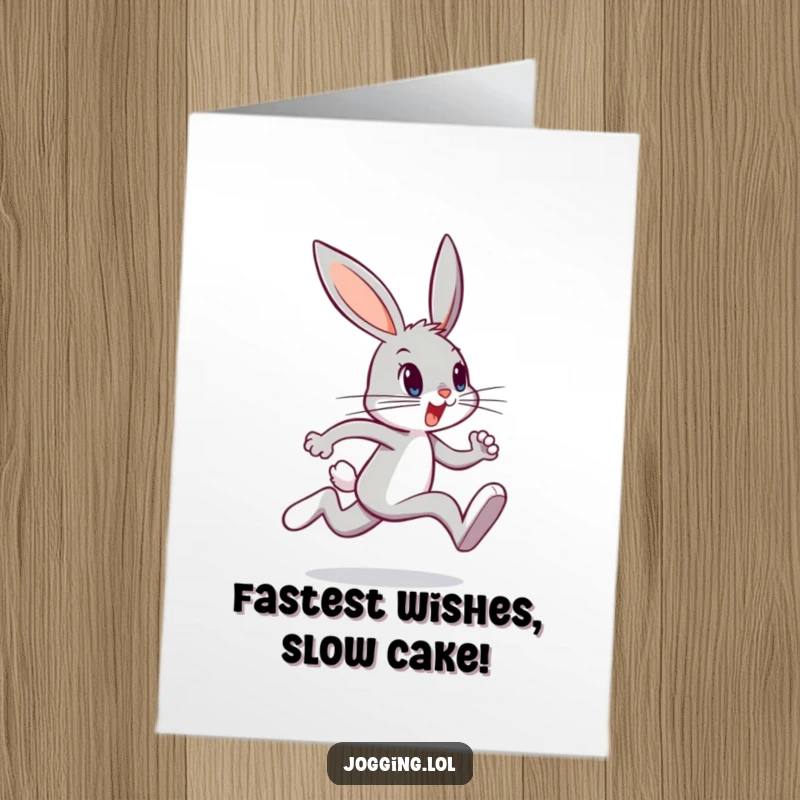 Funny Free Printable Birthday Card: Determined bunny sprinting with legs pumping, ready to deliver birthday wishes.