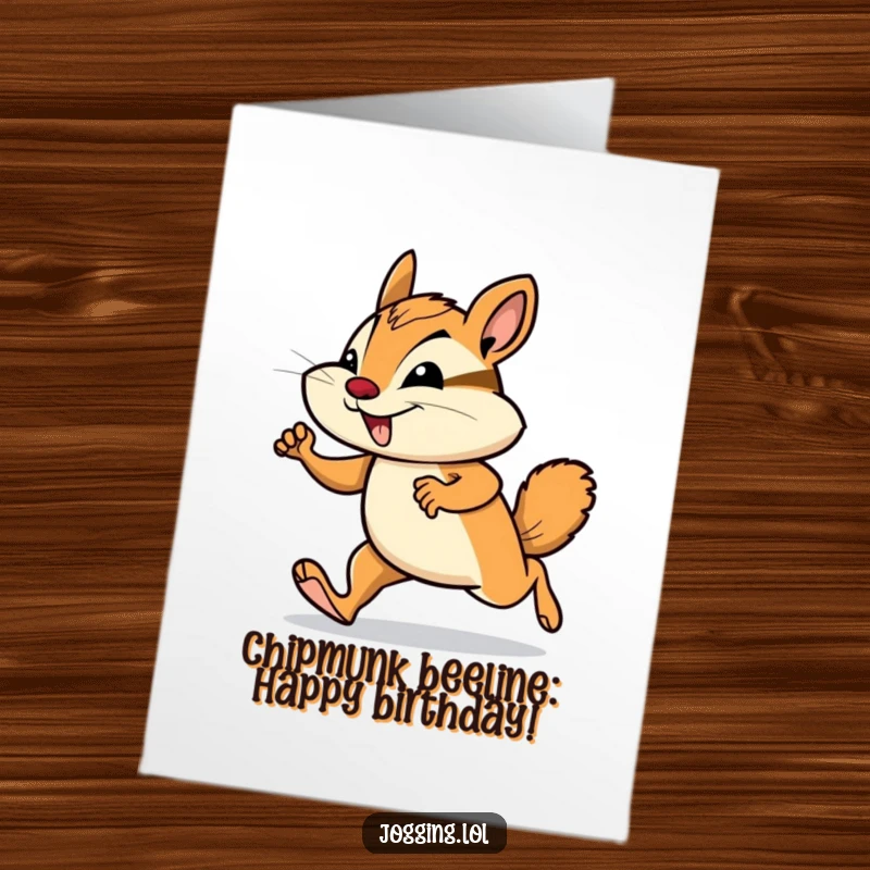 Funny Free Printable Birthday Card featuring a smiling chipmunk in a determined, energetic jogging motion, ready to deliver birthday cheer.
