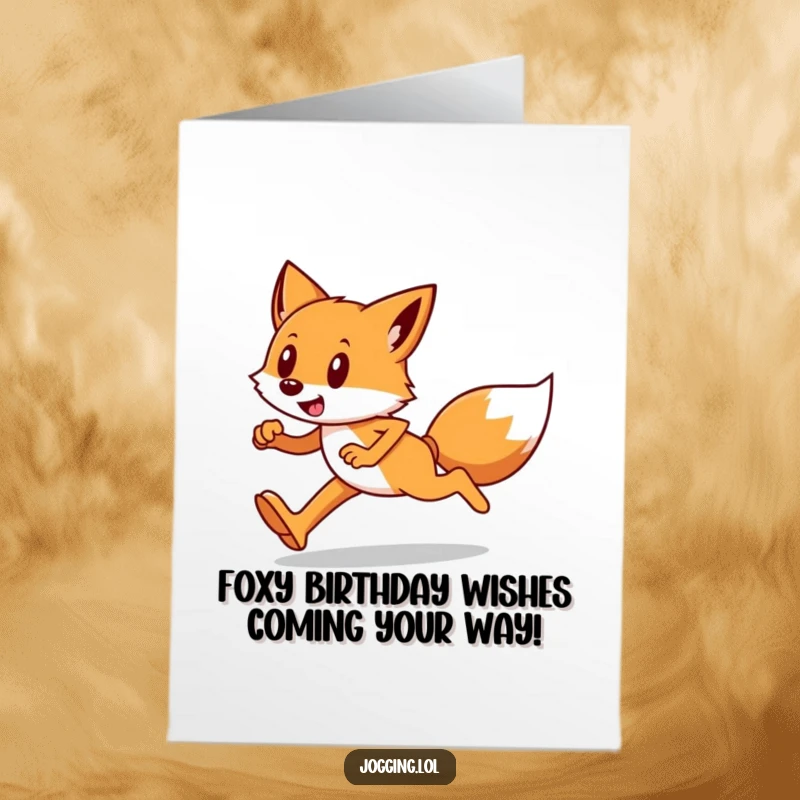 Funny Free Printable Birthday Card featuring a happy fox runner with determined strides, a great downloadable gift.