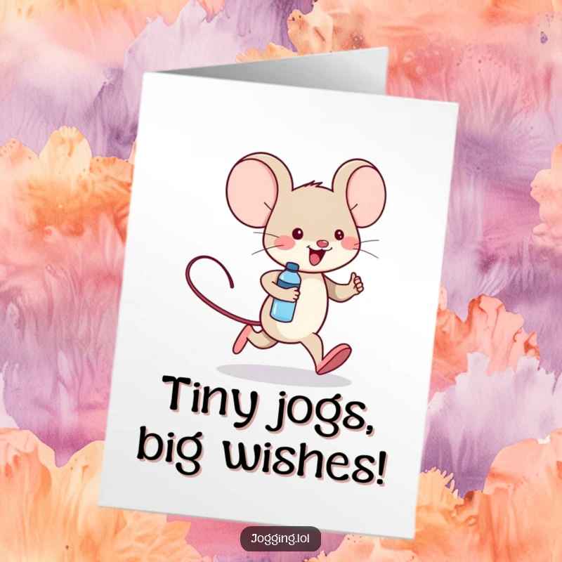 Funny Free Printable Birthday Card featuring a cheerful mouse jogging with a tiny water bottle, ready to celebrate.