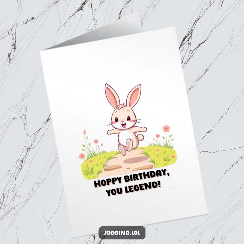 Funny Free Printable Birthday Card featuring a happy cartoon rabbit bounding with energetic leaps on a path, ready to celebrate.