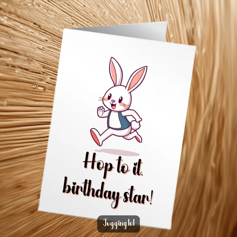 Funny Free Printable Birthday Card featuring a joyful rabbit jogger hopping with cheerful energy, a perfect downloadable gift.