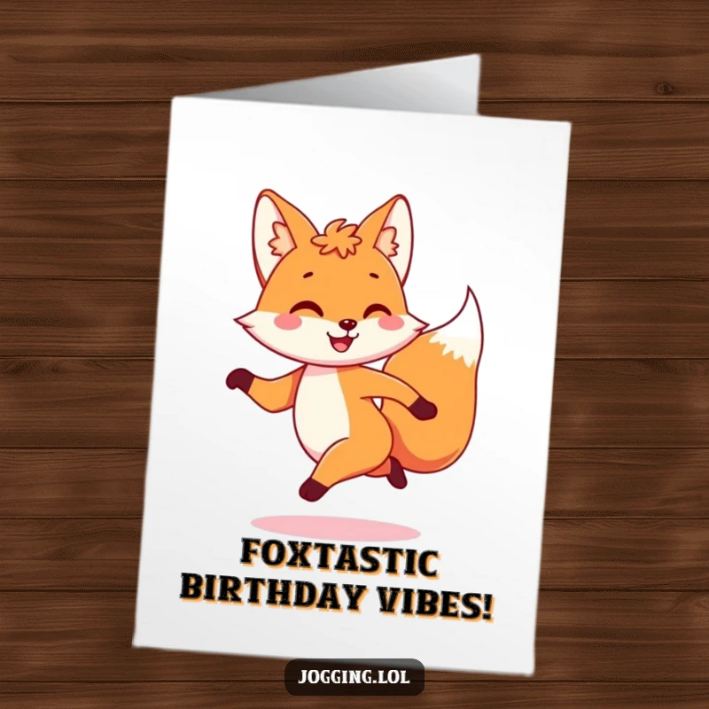 Funny Free Printable Birthday Card: Playful fox character dashing with a happy bounce, celebrating a birthday.