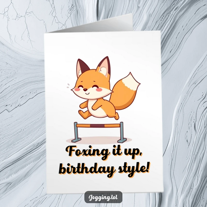 Funny Free Printable Birthday Card: A playful fox joyfully leaping over an imaginary hurdle with a grin.