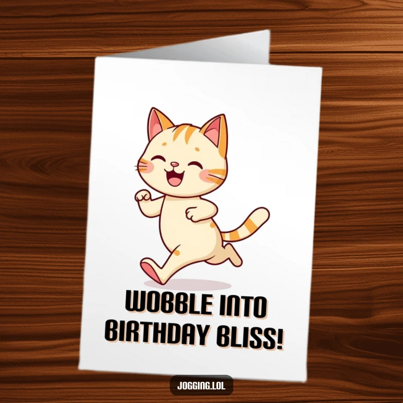 Funny Free Printable Birthday Card: A happy cat jogging with a distinct wobble, a comical twist on birthday greetings.