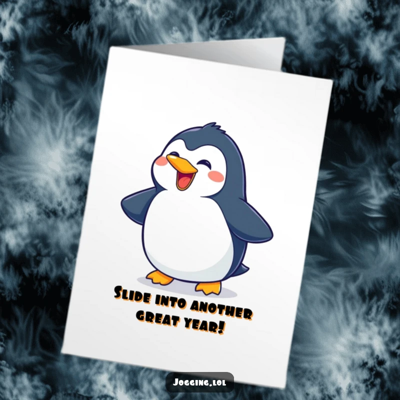 Funny Free Printable Birthday Card: A delighted penguin slides and grins, ready to party and spread birthday cheer.