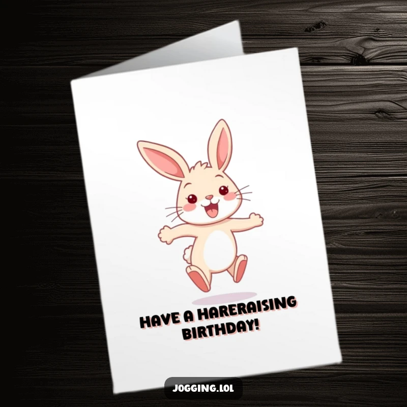 Funny Free Printable Birthday Card featuring a bouncy bunny sprinting with ears flapping and a wide smile, ready to deliver birthday cheer.