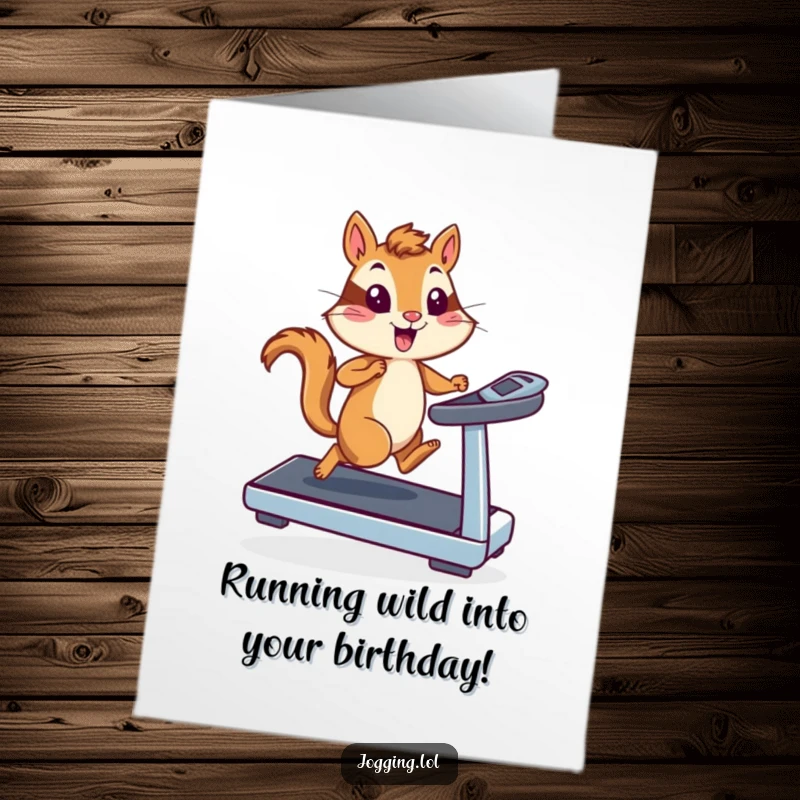 Funny Free Printable Chipmunk Birthday Card featuring an energetic chipmunk sprinting on a treadmill.