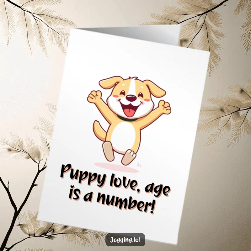 Funny Free Printable Birthday Card: A happy dog sprints with pumping arms, radiating pure birthday excitement and energy.