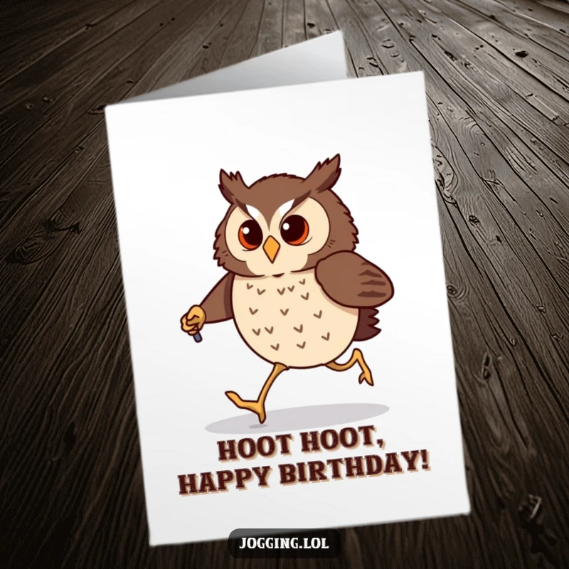 Funny Free Printable Birthday Card: Determined owl comically jogs using tiny jogging poles, ready for a birthday adventure.