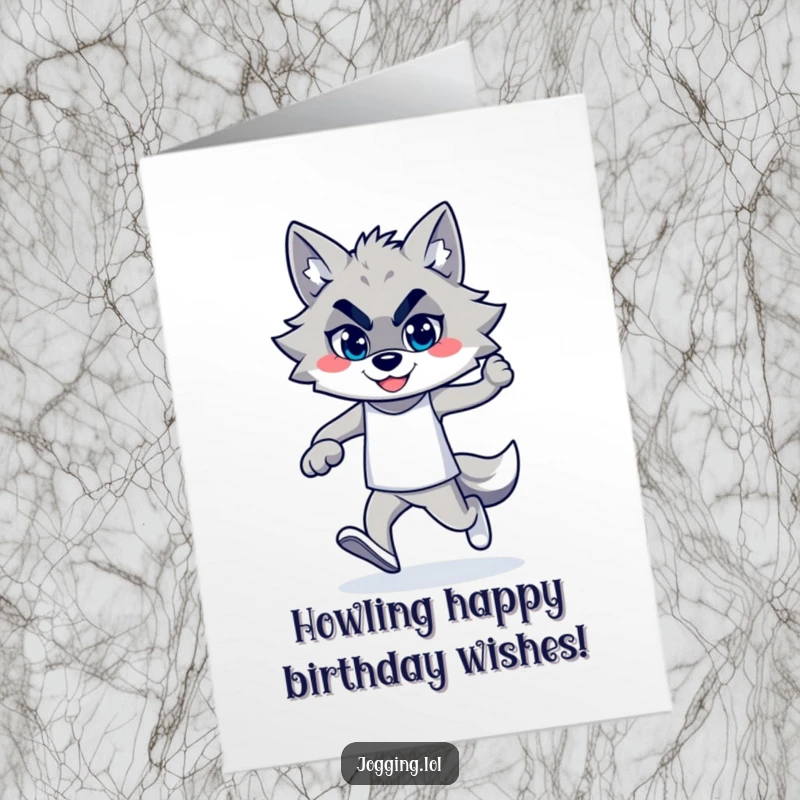Funny Free Printable Wolf Birthday Card featuring a proud wolf jogger with a big, confident smile.