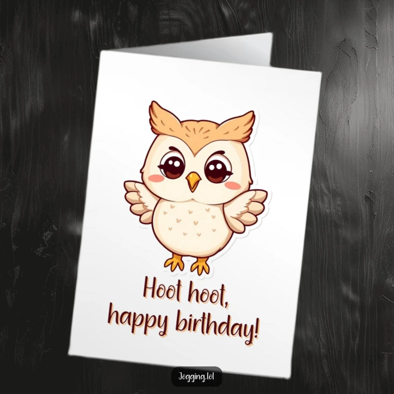 Funny Free Printable Birthday Card: A happy owl flaps its wings slightly, spreading birthday cheer with wisdom.