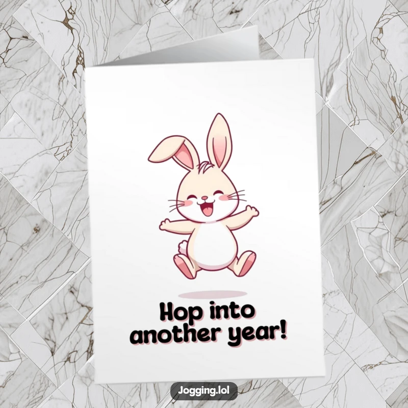 Funny Free Printable Birthday Card featuring a joyful rabbit comically jogging with its ears comically flopping.