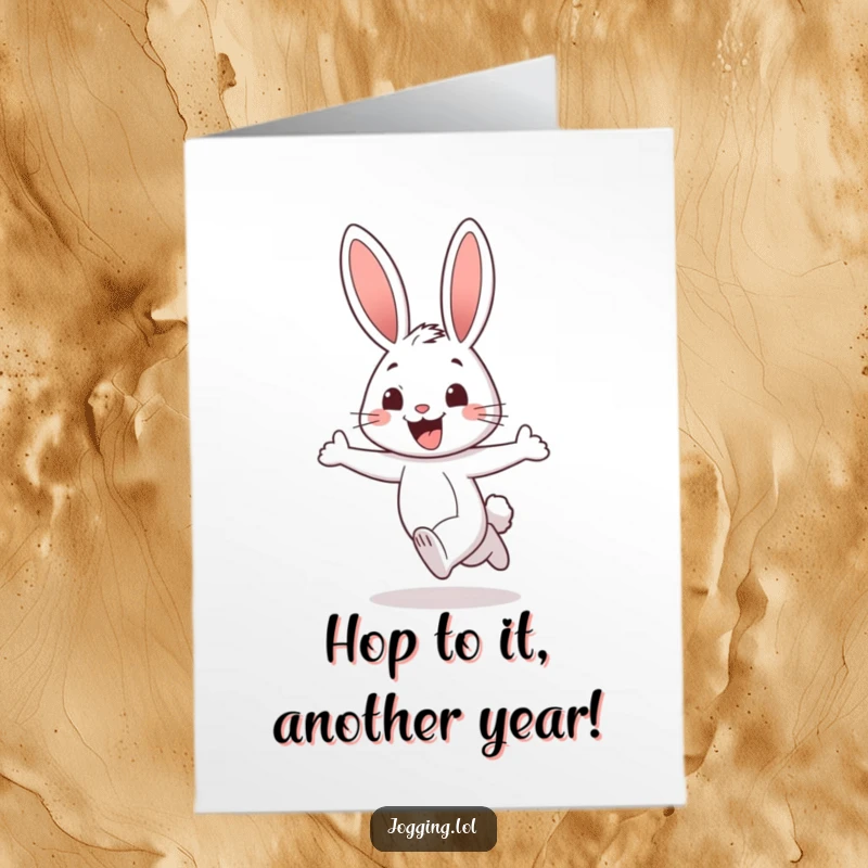 Funny Free Printable Birthday Card: A cheerful rabbit jogs with a wide, excited grin, radiating pure birthday happiness.