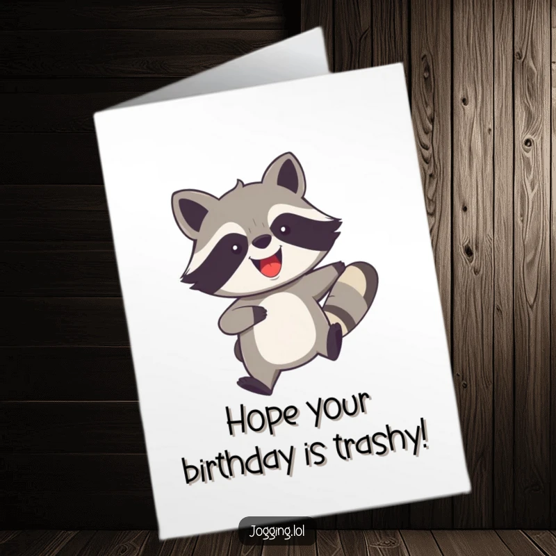 Funny Free Printable birthday card: A joyful raccoon is moving quickly with legs churning, delivering birthday wishes.