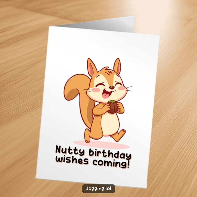 Funny Free Printable Birthday Card: Joyful squirrel jogging with cheeks full of nuts, a comical birthday wish.