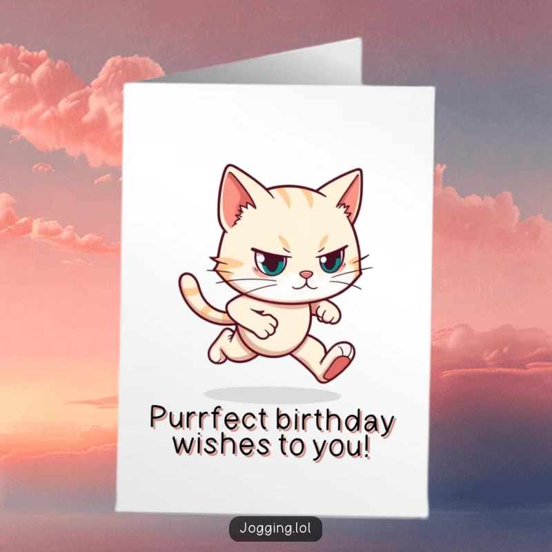 Funny Free Printable Birthday Card featuring a determined cat jogging with focused eyes and a steady stride, aiming for fun.