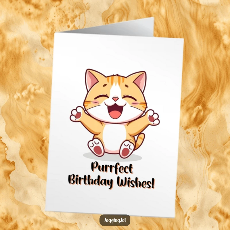 Funny Free Printable Birthday Card: Joyful cat character dancing with paws pumping rhythmically, celebrating with glee.