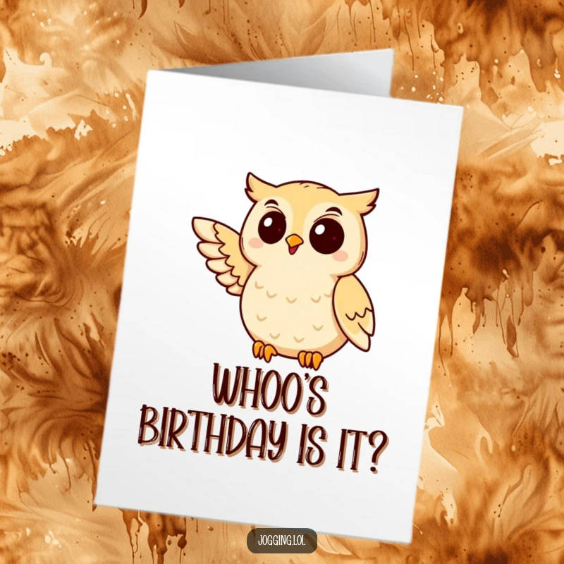 Funny Free Printable Birthday Card showing a delighted owl with one wing extended, joyfully mid-jog, celebrating a birthday.